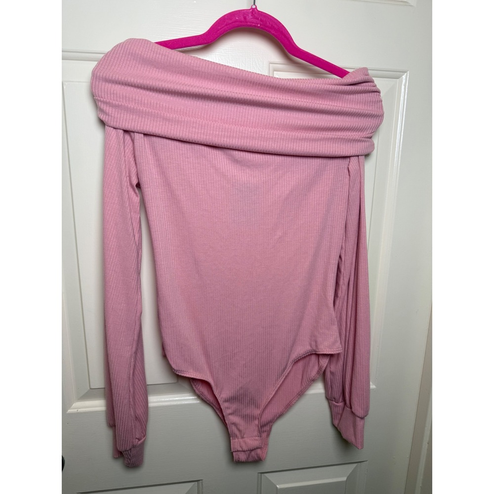Fantastic Fawn Dolly Bodysuit Pink Off The Shoulder Ribbed Long Sleeve Large